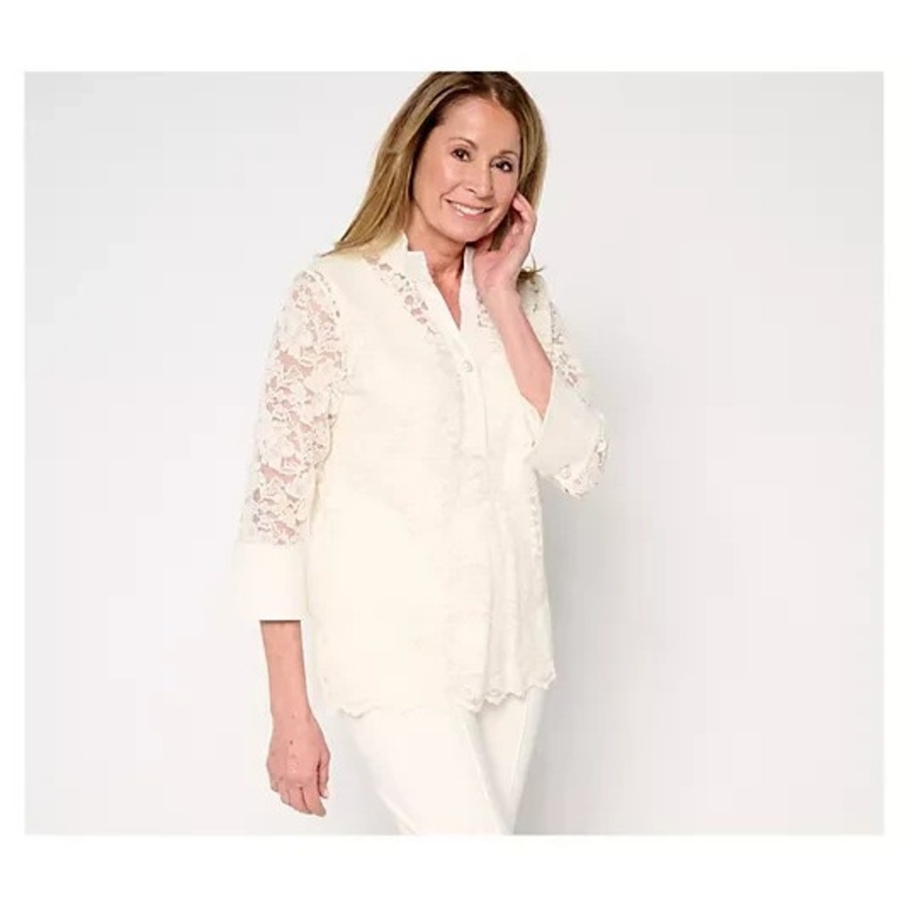 BEAUTIFUL by Lawrence Zarian 3/4 Sleeve Lace Blouse with Tank Ivory, Small